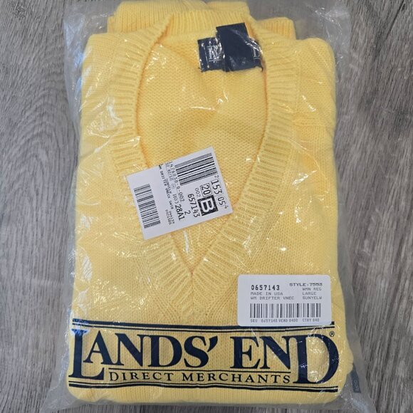Lands End vintage 90s NWT Womens Regular Drifter V-Neck Cotton Sweater L Yellow - Picture 2 of 7